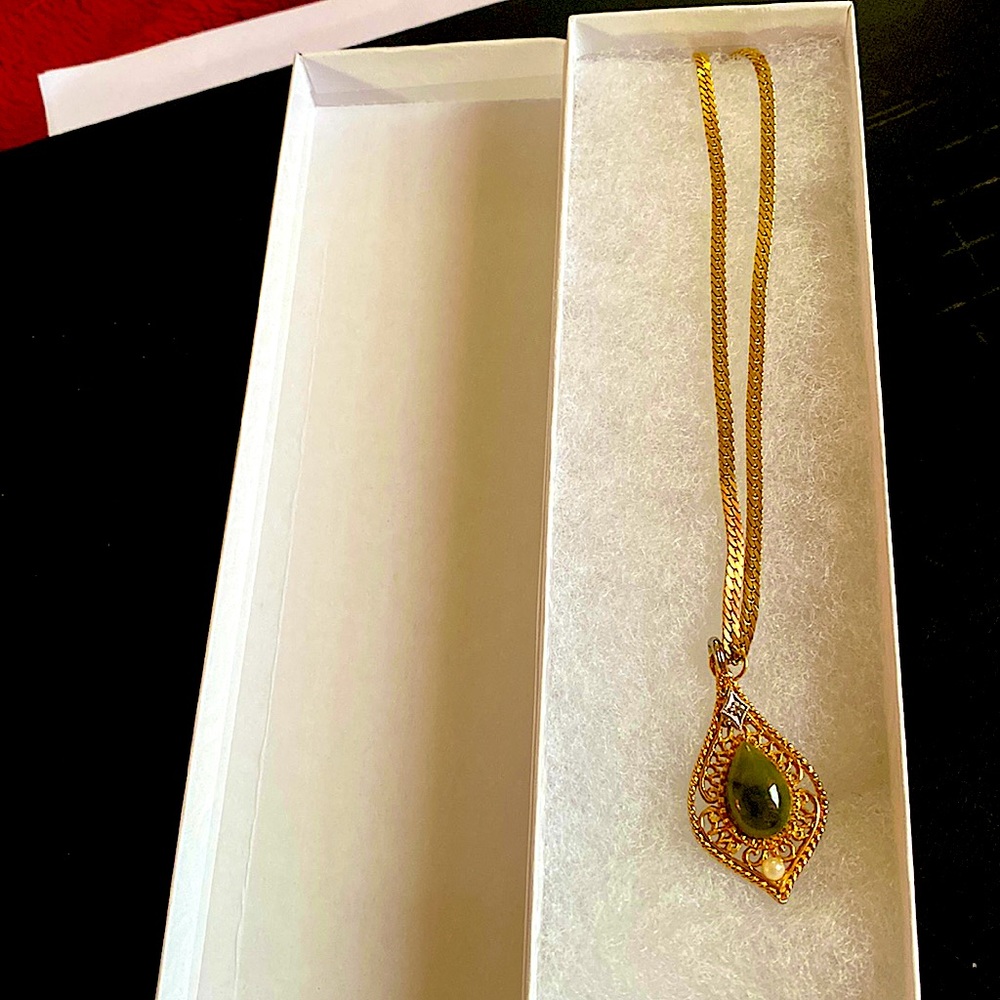 Vintage jade, pearl, diamonds pendant, chain is not original